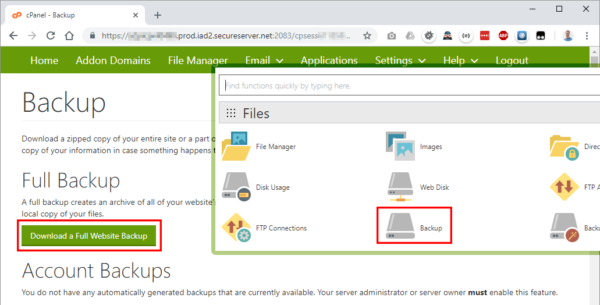 CPanel backup of entire website