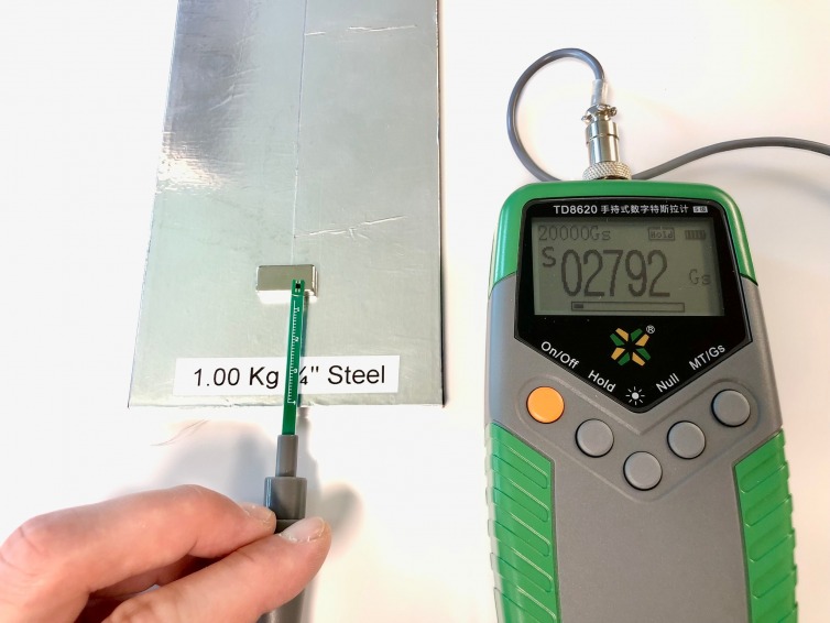 Example of using a Gauss meter with a magnet on a steel plate