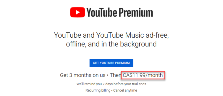 YouTube Premium subscription fee as of Jan, 2022