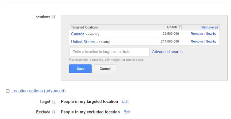 Setting the AdWords include and exclude locations