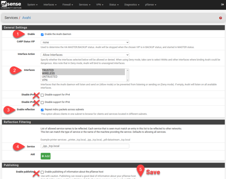 pfSense Avahi settings