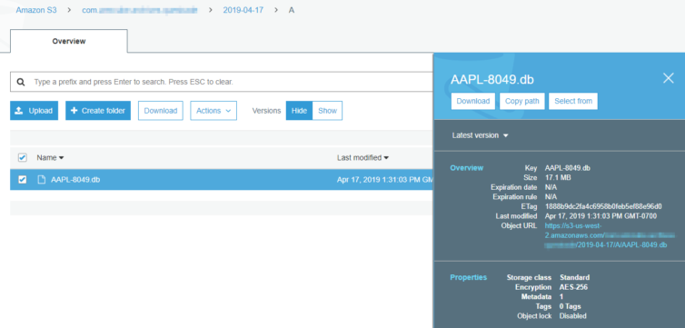 AWS S3 dashboard after API upload