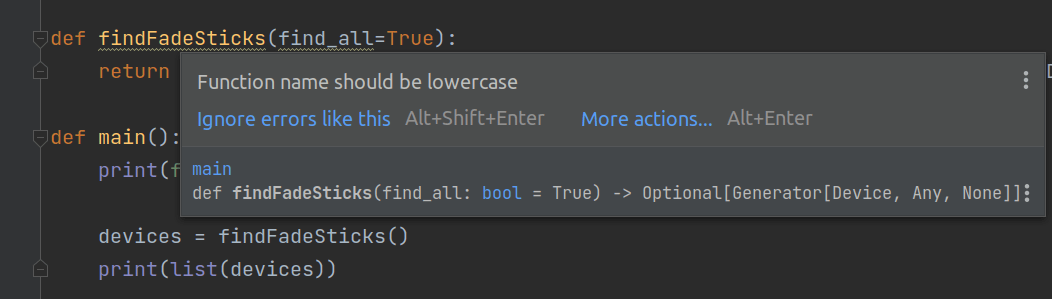 Camelcase causes a warning in PyCharm