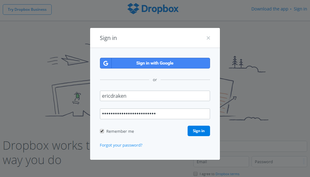 sign in dropbox