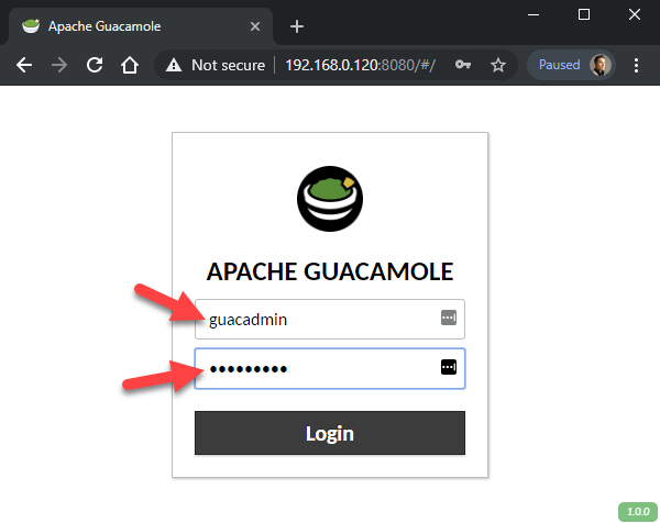 Login to Guacamole on the RPi