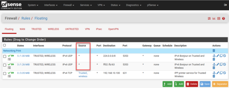 pfSense Bonjour firewall rules